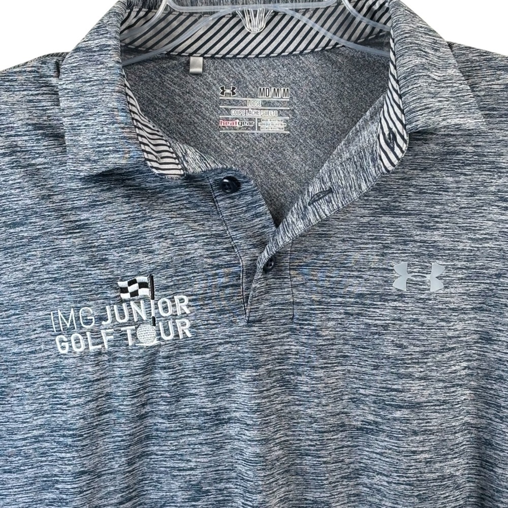 Under Armour Mens Medium HeatGear Polo Shirt Blue Space Dye IMG Junior Golf Tour
